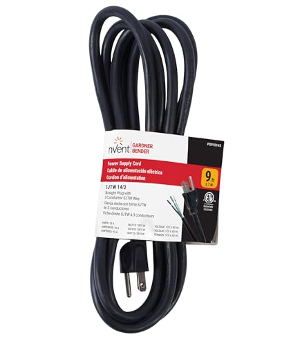 Image of nVent Gardner Bender PS915143 9 ft 14 /3 SJTW Replacement Power Cord, 15 Amp 125V Appliance Cord, 3-Prong Grounded Plug, Heavy Duty Outdoor Rated Black (Formerly: Bergen)