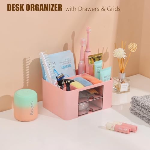Image of NXTBUY Plastic Desk Organizer with Drawer | Desktop Office Stationery Storage Box | Desk Accessories Organizer | Mobile Phone Holder | Table Organizer for Study & Office Use (Pink)