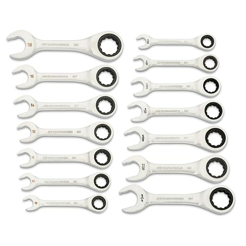 GEARWRENCH 14 Piece 90-Tooth 12 Point Stubby Combination Ratcheting Wrench Set, SAE & Metric | 3/8