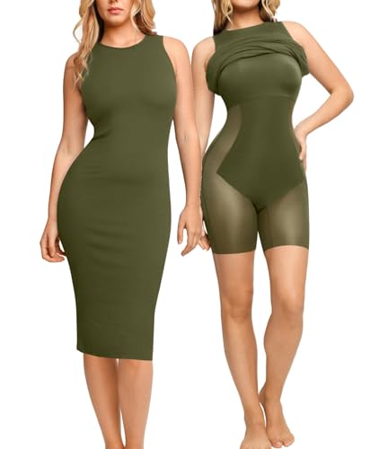 Image of Popilush Women's Bodycon Ruched Shapewear Sleeveless Midi Dresses