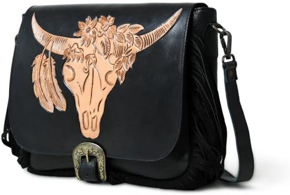 Merbaa Women Bull Rider Crossbody Bag Cowhide NDM Leather Fringe Hand-Tooled Crossbody with Adjustable Leather Strap. - Image 2