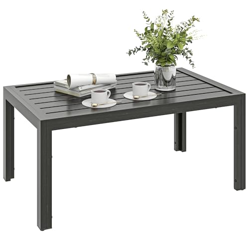 Outsunny Garden Coffee Table, Rectangular Patio Side Table with Steel Frame and Slat Tabletop for Outdoor, Balcony, 101.5 x 61cm, Grey Wood Effect