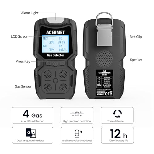 ACEGMET Gas Detector, 4 Gas Monitor Multiple Indicator (Vibration, Audible, Visual) H2S, O2, CO and LEL 4 Gas Monitor Personal Rechargeable 4 Gas Meter 2 Years of Sensor Life Gas Sniffer