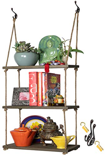 Hanging Wall Shelf - Wood Swing Storage Shelves - Jute Rope Organizer Rack - Rustic Home Decor Bookshelf - Window Plant Shelves - Floating Collectibles Display - Decorative Farmhouse Bookshelves