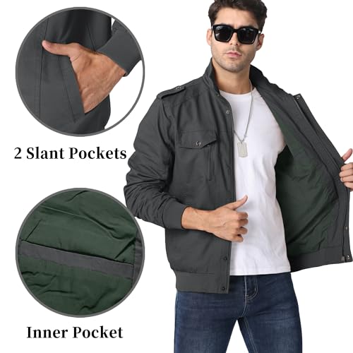 KEFITEVD Men's Jackets Bomber Military Cargo Coat Smart Casual Jacket Stand Collar Cotton Outerwear with Multi Pockets
