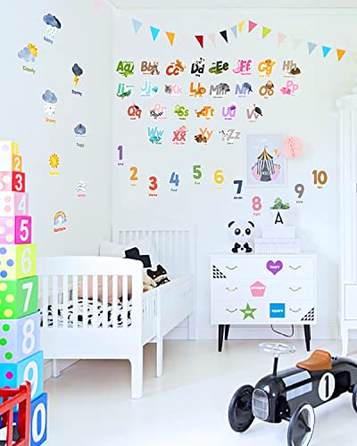 9 Sheets Alphabet Stickers Kids Wall Decals Peel And Stick, Weather Numbers Alphabet Animals Stickers Preschool Classroom Abc Learning Educational Wall Stickers For Baby Nursery Decor Toddler Kids Playroom Bedroom Classroom Daycare Decor #TOP5