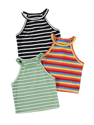 Floerns Toddler Girl's 3 Pack Striped Tank Tops Ribbed Sleeveless Kids Clothes Halter Crop Top