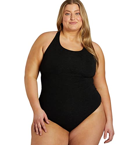 Sporti Plus Size Textured High Neck One Piece Slimsuit - Black - 24W