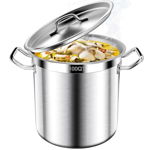 Image of Stainless Steel Stock Pot,100 QT Large Stock Pot with Lid, Heavy Duty Tri-Ply Bottom Commercial Grade Stock Pots for Boiling Cooking Soup Stew Thick Bottom Big Stockpots, Deep Cookware