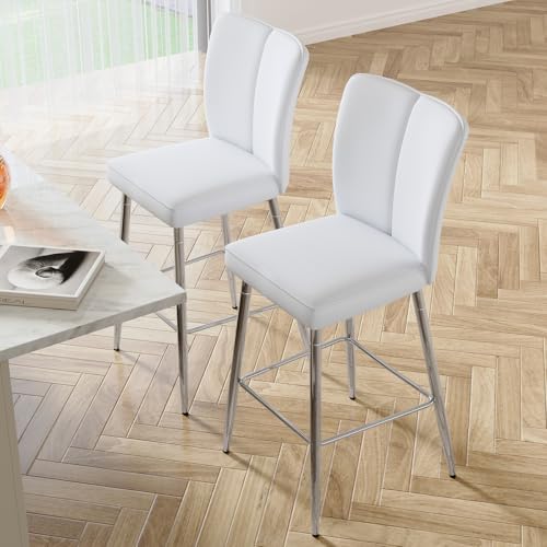 Image of Counter Height Bar Stools Set of 2,27''Kitchen Island Stools with Back,White Barstools with Sturdy Metal Legs,Modern Bar Stools Ideal for Kitchen Island Pub Cafe(Faux Leather-White)