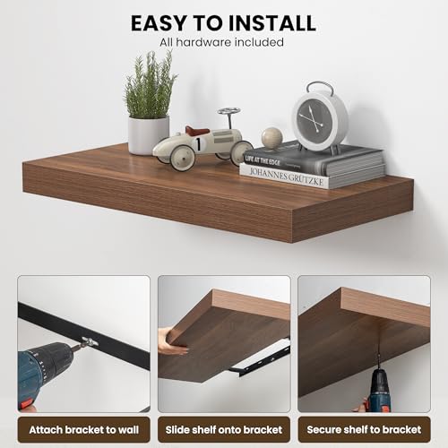 Image of Dreamland 40 inch Floating Shelves for Wall, 12 inch Deep Thicker Walnut Floating Shelves, Wall-Mounted Shelves for Bedroom, Living Room, Kitchen, Bathroom - Set of 2