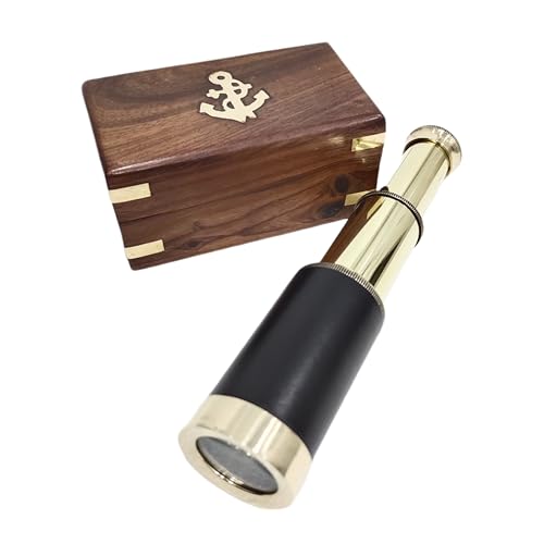 Vintage 6'' Handheld Functional Brass Telescope with Wooden Box Pirate Spyglass for Travellers, Adventure Enthusiasts Sailor Ship Home Decor