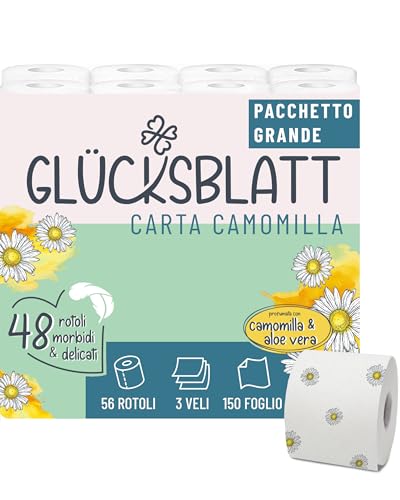 Glücksblatt Toilettenpapier KAMILLE, 3-lagig, 48 Rollen x 150 Blatt, Duft nach Kamille, 100% Zellstoff, weiches Klopapier mit bunten Kamillenblüten, Kamillenpapier, Verpackung aus 30% PCR-Anteil