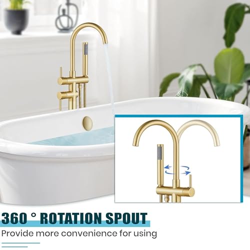 Image of BASSINO Freestanding Bathtub Faucet with Hand Shower /45 Inches Premium Stand Alone Bath Tub Mixer Tap for Bathroom /Free Standing Tub Filler for Spa & Villa Bathrooms /Floor Mounted Basin Mixer(Gold)