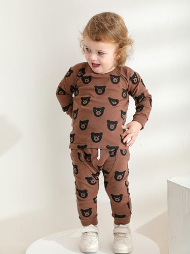 Toddler Baby Boy Clothes Infant Long Sleeve Bear Print Tops + Pants Sweatsuit Outfits (3-6 Months) Brown