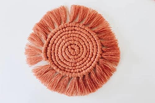 MTRXX Handmade Macrame Coasters Set of 4 – Round Cotton Drink Mats in Blush Pink, 4-Inch Boho Coasters for Tea, Coffee & Home Decor, Woven Table Accessories