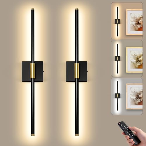 Image of Rechargeable Wall Sconce Lights 2 Pack - 10000mAh Battery Operated Wall Lights Indoor with Remote 3 Colour Temperatures, Dimmable and Timer, Wireless Black Gold Wall Light for Living Room Bedroom