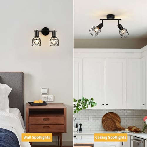 FORCOSO Ceiling Lights Spotlight, 2 Way Spot Lights 350°Adjustable, E14 Base Black Light Shade Metal Wire Cage Light Fittings - Image 2