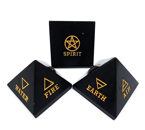 Pirámide de piedras preciosas turmalina negra (aprox. 5 cm, 150 g), grabado a mano, 5 elementos de la vida, fuego, agua, tierra, aire, espíritu, protección de la suerte, energía, esoterismo,