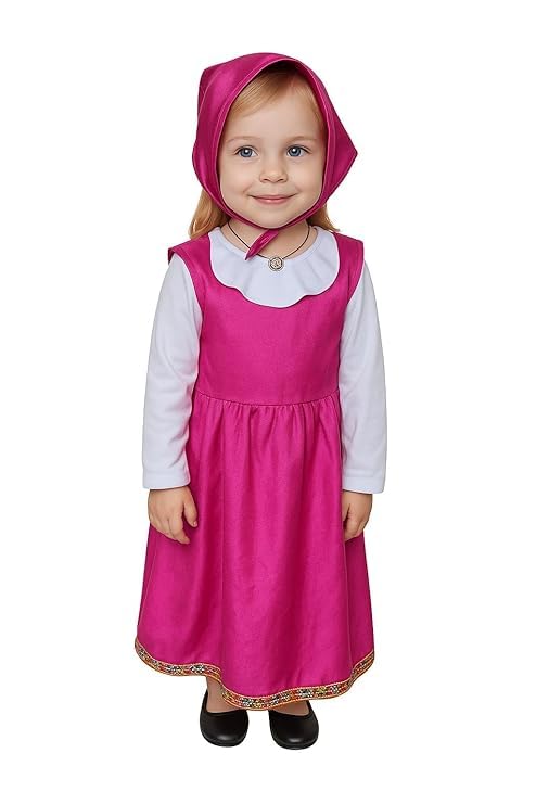 Image of Collection Girls' Costume Dress with Hood, Pink and White, Gold Trim Detail, Cartoon Character-Inspired