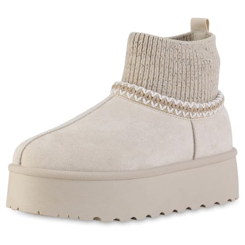 VAN HILL Damen Winter Boots Plateau Strick Bequem Schuhe 217788 Beige 39