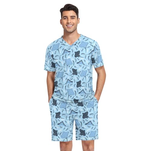 Men's Pajama Short Sleeve Set Matching Sleepwear Sleep V Neck Lounge Set with Pocket S-XXL
