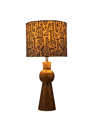 Image of Green Girgit Wooden Skirt Lamp with Multicolor Animal Print Shade