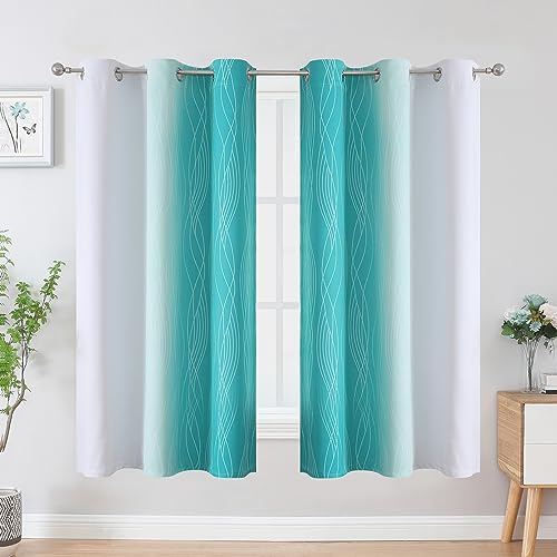 Estelar Textiler Teal and Greyish White Blackout Curtains & Drapes for Bedroom, Thermal Insulated Ombre Blackout Drapes, Room Darkening Energy Saving Curtains for Living Room, 42Wx63L, 2 Panels