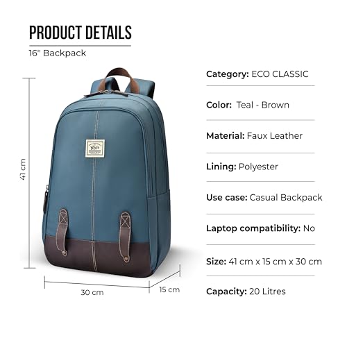 Image of Gear Eco Classic 16 inch /20L Medium Water Resistant Faux Leather Daypack | Casual Backpack | Travel Bag for Men /Women (Teal - Brown)