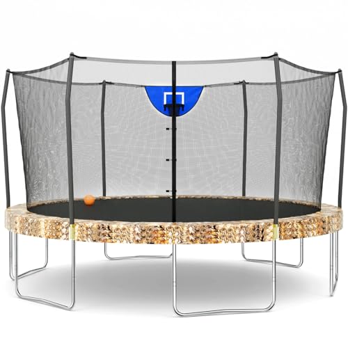 Skywalker Trampolines 15-Foot Jump N’ Dunk Round Trampoline with Enclosure Net - Basketball Trampoline, Camo