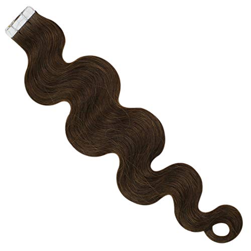 Wavy Tape in Extensions Human Hair，#4 Dark Brown 50g/20pcs Body Wave Hair Extensions 16 inch