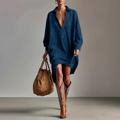 Image of Womens Faux Suede Western Vintage Midi Dress, Long Sleeve Lapel Deep V Neck Fall Winter Velvet Retro Style Dress