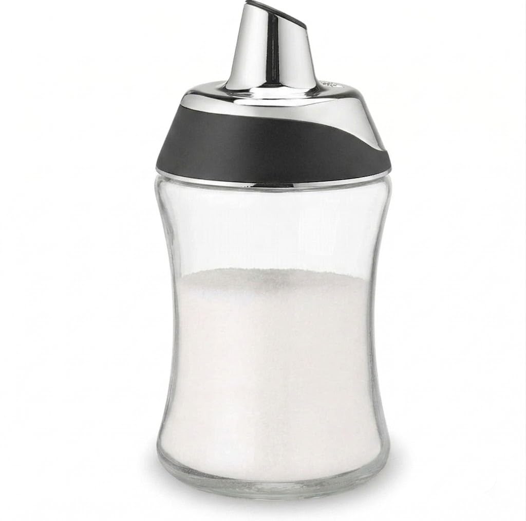 J&M DESIGN Glass Sugar Dispenser with Pour Spout for Coffee Bar, Tea and Kitchen Baking, Auto-Pouring Airtight Lid