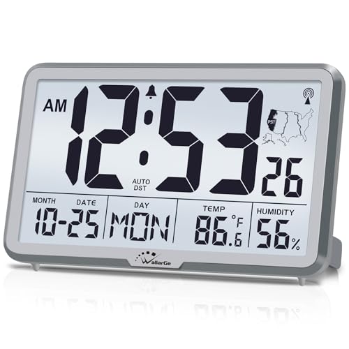 WallarGe Atomic Wall Clock with Backlight, Digital Wall Clock Battery Operated for Classroom, Bedroom, Office, Large Display with Indoor Temperature, Humidity, Date, AUTO DST, 6 Time Zones