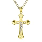 Pyramid Jewelry 14K Two Tone Gold Jesus Christ Cross Pendant Necklace (16 Inches, White Pave Figaro Chain)