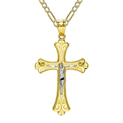 Pyramid Jewelry 14K Two Tone Gold Jesus Christ Cross Pendant Necklace (16 Inches, White Pave Figaro Chain)