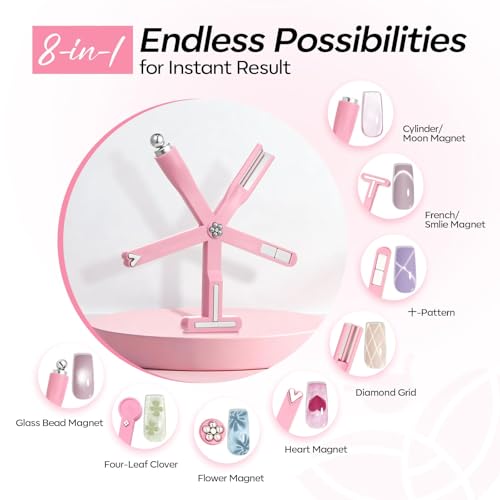 Image of modelones Cateye Gel Polish Nail Magnet, 8-in-1 Cat Eye Magnet Nail Art Wand for Gel Nails with Steel Ball, Glass Bead, French Tip, Clover, Heart & Swirl Effects for DIY Home Salon Manicure