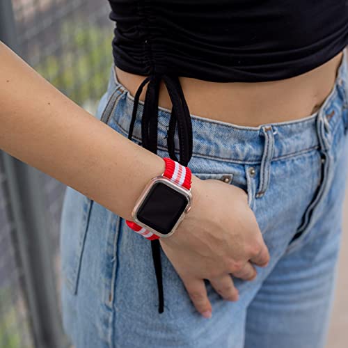 Image of Sonix Knit Watch Band Compatible with Apple Watch | Stretch Ribbed Knit, Stylish, Sporty | 41mm /40mm /38mm, Series 9 /8 /7 /6 /5 /4 /3 /2 /1 /SE | Varsity Red + Pink Stripe