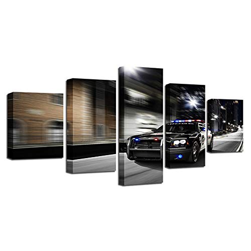 Impression sur toile intissée 5 pièces voiture de police pour décoration murale HD