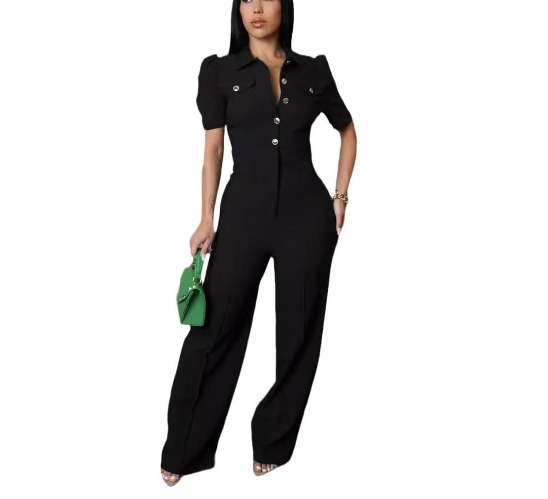 YSINTL Women's fashionable, sexy, elegant, high waisted, wide leg pants, club business party button jumpsuit