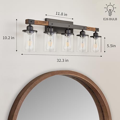 Image of 5-Light Bathroom Vanity Light Fixtures, Farmhouse Vanity Lights for Bathroom, Rustic Industrial Vintage Black Wood Wall Sconce Over Mirror with Clear Glass Shade
