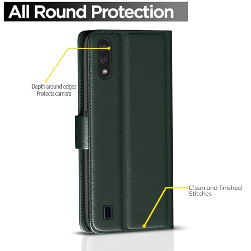 Image of Pikkme Flip Cover for Samsung Galaxy M01 Leather Finish | Inside TPU with Card Pockets | Wallet Stand and Shock Proof | Complete Protection Flip Case (Green)