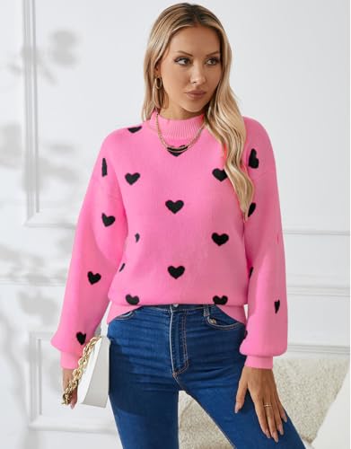 Image of Women's Long Sleeve Mock Neck Sweaters Loose Cute Heart Pullover Sweater