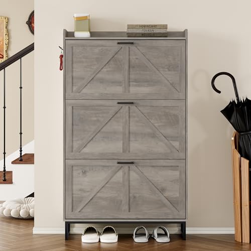 Image of BORNOON Shoe Cabinet with 3 Flip Drawers Narrow Shoe Storage Cabinet Organizer Wooden Freestanding Shoe Rack Hidden Slim Shoes Storage Cabinet for Entryway, Hallway, Living Room, Bedroom