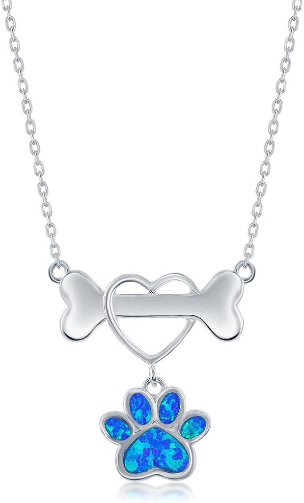 Beaux Bijoux Dog Bone with Heart Created Blue/White Opal Paw Print 16+2” Pendant Necklace Sterling Silver Jewelry for Women or Teens