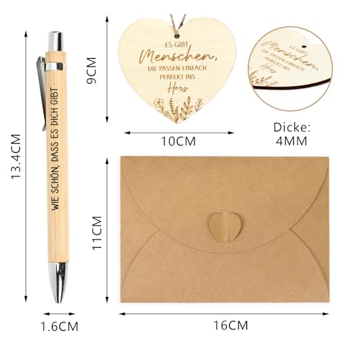 MorLuks Geschenk Freundin, Kugelschreiber mit Gravur + Holzkarte Herzform, „Wie schön, dass es Dich gibt, Dankeschön Geschenk für Geburtstag Jahrestag Hochzeit