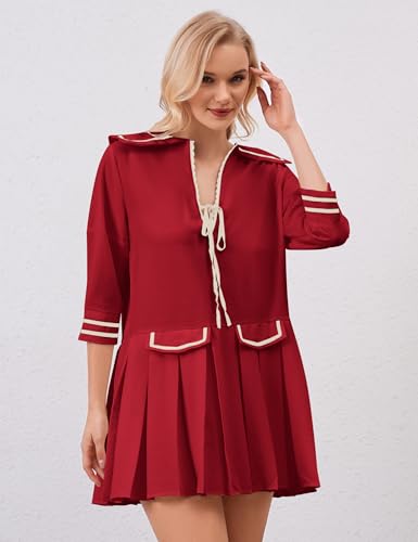 Image of Women Cute Ruffle Tunic Mini Dress Summer Pleated Babydoll Shirt Dress Casual Loose V Neck 3 /4 Sleeve Short Sundress