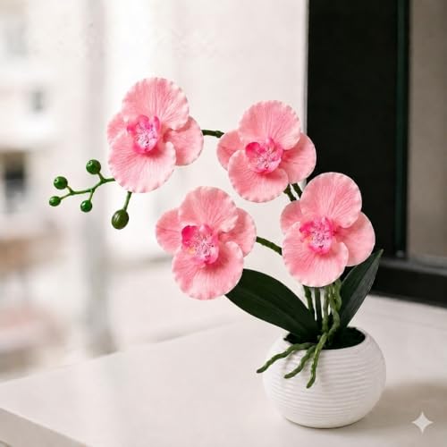 Image of CURATED CART Artifical Orchid Flower Pot, Peach Flower with Vase, Ideal for Home Decor, Office Decor, Gifting, 4 Flower Heads, Size 36 x 9cm