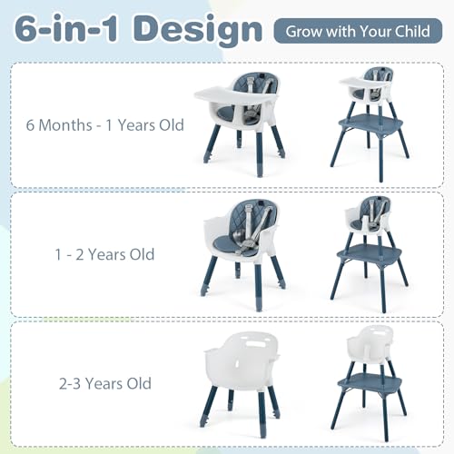Image of HONEY JOY 5-in-1 High Chair, Convertible Highchair for Babies and Toddlers /Kids Chair Table Set /Infant Feeding Chair w /Safety Harness, PU Leather Cushion & Removable Food Tray (Blue)