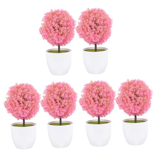 Amosfun 6 Pcs Simulated Potted Plant Boxwood Ball Decor Fake Plants Decor Fake Small Bonsai Decorations for Home Topiary Trees Artificial Indoor Plants Mini Pink Decorate Plastic